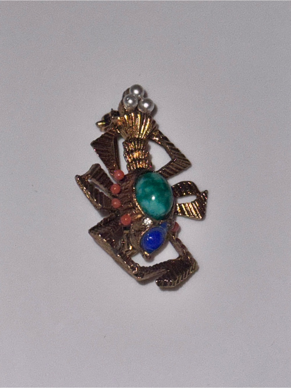 Vintage 1950s Egypt Scarab Beetle Etched Gold Brooch Pearl Stone Gem Lobster Pin - Picture 7 of 10